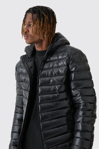 Men's Black Stand Puffer Jacket Windproof Cotton Filled Casual Winter Coat Regular Fit <b>Covered</b> <b>Button</b> Closure Solid Color High - Product Image 2