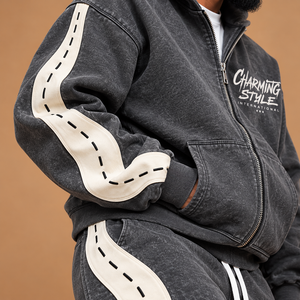 Acid Wash Printed Winter Streetwear Plus Size Sweat Suit Sun Faded Hooded & <b>Trouser</b> 100% Cotton <b>Baggy</b> Look Unisex Tracksuit Set - Product Image 3