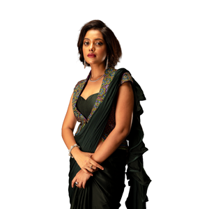 Conjunto de Saree con Chaqueta Esmeralda Peacock para Mujer, 4 Piezas, Estilo Indo Occidental, al Mejor Precio al por Mayor - Product Image 5