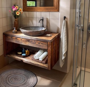 Meuble-lavabo mural en bois massif avec étagère de rangement ouverte, style rustique, pour maison moderne et hôtel - Product Image 2