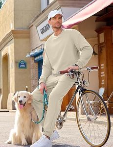 Conjunto Deportivo para Hombre, Sudadera y Pantalones Beige, Cuello Redondo, Color Sólido, Casual, Manga Larga, 100% Algodón, Transpirable, Corte Regular - Product Image 1