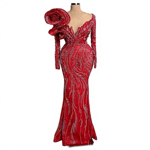 Robe de Demoiselle d'Honneur Sirène de Luxe 2024, Col Rond, Appliques en Dentelle, Manches Courtes, Soutien-Gorge Intégré, Longueur Ras du Sol, Respirante, Faite à la Main - Product Image 1