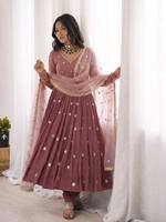 VISHNU K DESIGNS Setelan Dupatta Lengan Panjang Bordir Rajutan Georgette Foux Tebal Berkualitas Tinggi, Regular Fit Wanita, Cepat Kering, Modern