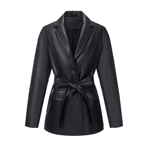 Blazer en cuir véritable pour femme, col à revers, bouton unique, ceinture, veste de bureau pour femme - Product Image 4