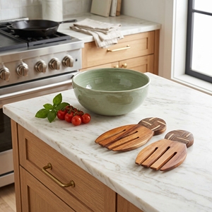 Utensilios para ensalada de madera de suar de grado alimenticio, con forma de mano, con incrustaciones de cáscara de coco oscura y blanca, diseño Catur, color marrón claro, estilo artístico. - Product Image 2