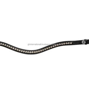 สายคาดหน้าผากม้าหนังแท้สีดำพรีเมียม แบบโค้งมน พร้อมแผ่นรองนุ่มเย็บอย่างดี และประดับคริสตัลสีเงินหรือสีทอง 1 แถว - Product Image 6