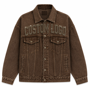 Veste en jean personnalisée avec lettres en strass, veste de mode marron de qualité supérieure - Product Image 1