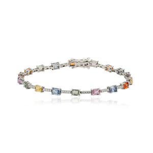 New Handcrafted Collection of 100% Real Colorful Multi Sapphire & Diamond Tennis <b>Bracelet</b> Unisex 14K Pure White Gold Jewelry - Product Image 1