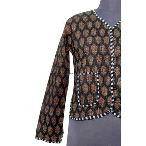 Handmade <b>Quilted</b> Short Cotton Block Print Floral Print Long Sleeve Button Stripe Women's Autumn Winter <b>Jackets</b> - Product Image 3