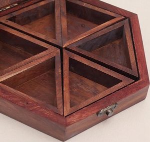 Hand Crafted Hexagon Wooden Spice <b>Box</b> with Glass Lid | Handmade Masala Organizer, Rustic Kitchen Storage With Brass Spoon - Product Image 4