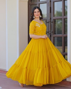 Exclusive Indian Wedding and Festival Wear Anarkali Fancy Faux Blooming Material Gowns with <b>Beads</b> Embroidery Work Dress - Product Image 1