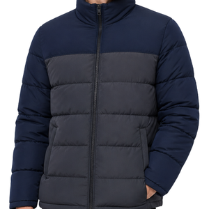 Color Block Men Puffer <b>Jacket</b> Custom Logo Two Tone Winter Warm Bubble Coat Full Zip Stand Collar <b>Navy</b> Blue Grey <b>Padded</b> <b>Jacket</b> - Product Image 2