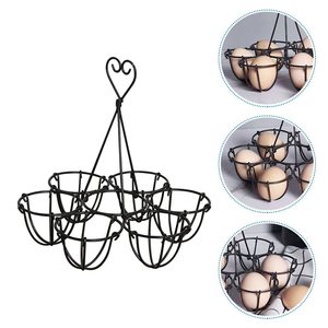 Handcrafted Black Metal <b>Egg</b> Holder <b>Basket</b> Stand with Multiple Compartments and Heart Shape Handle Decorative Kitchen Countertop - Product Image 3