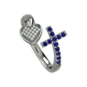 925 Sterling Silver Rhodium Plated Open Cross Heart <b>Ring</b> with Blue & White Cubic Zirconia | <b>Adjustable</b> Christian Jewelry - Product Image 5
