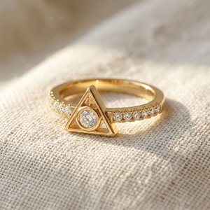 Bague de fiançailles pour femme en or jaune 14 carats, sertie d'un diamant rond taille brillant, monture semi-encadrée, bande géométrique, cadeau de mariage - Product Image 4