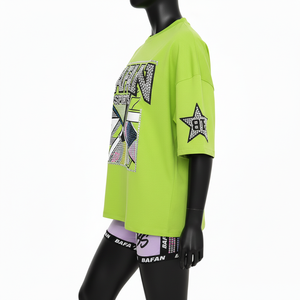 Ensemble short et t-shirt pour femme en coton doux et polyester, avec empiècements élastiques, logo personnalisé par transfert thermique, 100% coton - Product Image 3