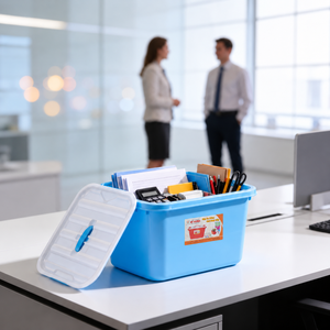 Boîte de rangement portable moderne en plastique 6L avec poignée supérieure, couvercle transparent, empilable, durable, étanche, pour cosmétiques, artisanat, école, bureau - Product Image 1