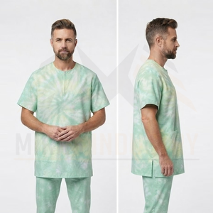 Camiseta de Trabajo para Hombre, Manga Corta, Color Verde Claro, Estilo Tie-Dye, con Cierre Frontal y Bolsillos, Transpirable, de Algodón - Product Image 4