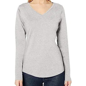 Camiseta de Manga Larga con Cuello en V para Mujer, Color Gris, 100% Algodón Jersey, Corte Regular, Color Sólido Informal, Transpirable, para Todas las Temporadas - Product Image 1