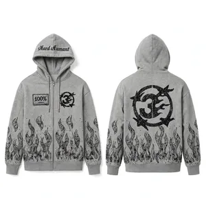Custom Y2K Rhinestone Flame Print Zip-Up <b>Hoodie</b> Unisex Oversized <b>Gothic</b> Streetwear Embroidered Front Logo 100% Cotton Fleece - Product Image 3