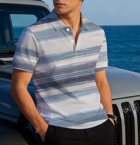 Men's Striped Short Sleeve for Shirt Casual Breathable Cotton Knitted Regular Fit Digital Printed Front Logo 180g - Product Image 1