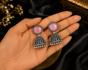 Pendientes Jhumka de Moda para Mujer, de Latón y Aleación de Zinc, Plateados Oxidados, con Imitación de Perlas - Product Image 3