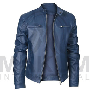 Blue Leather Jacket Slim Fit Turn-<b>down</b> Collar Zipper Closure Regular Length - Product Image 2