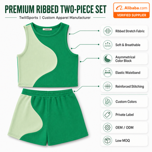Custom Women Ribbed <b>Crop</b> Tank <b>Top</b> Shorts Set Summer Two Piece Outfit Sleeveless Front Logo High Quality Casual Fitness Wear OEM - Product Image 4