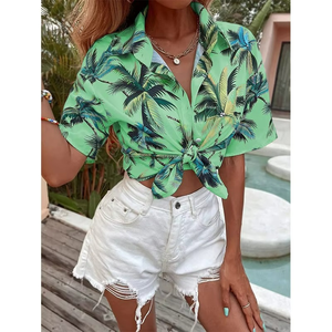 Chemisier à manches courtes pour femmes, imprimé floral mignon, boutonné, chemise hawaïenne décontractée - Product Image 1