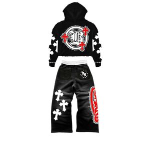 Black Distressed Hoodie And <b>Sweatpants</b> <b>Set</b> With Cross Print And Red Logo Streetwear Tracksuit For Adults Unisex Zipper Front - Product Image 2