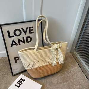 Nouveau Sac à Bandoulière Femme Tressé en Paille Style Vintage Color Block avec Nœud, Fermeture Éclair, Idéal Quotidien, Été, Automne, Vacances - Product Image 1