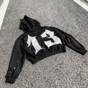 Sweat à capuche unisexe personnalisé en coton tricoté 300 g/m² avec broderie vieillie, fermeture éclair et strass, style streetwear, effet délavé - Product Image 2
