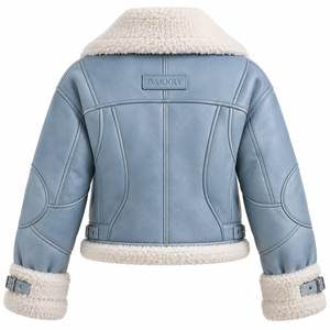 Light Blue Womens Shearling Leather Jacket Winter Warm Sherpa Lined Outerwear Ladies Buckle Collar Zip Up Cozy Biker Garment - Product Image 2