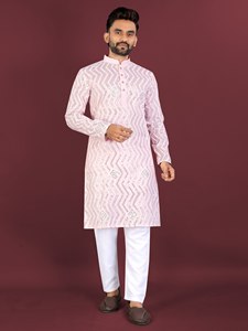 Kurta en coton imprimé numérique violet pour homme avec churidar blanc pour un usage décontracté, coupe régulière, longueur cheville, style traditionnel - Product Image 2