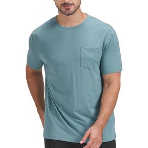 T-shirt pour homme à manches courtes, col rond, couleur turquoise, avec poche poitrine, coupe classique, décontracté, couleur unie, jersey de coton tricoté, respirant - Product Image 1