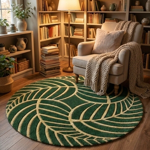 Alfombra Redonda con Patrón de Hojas Verdes, Estilo Bohemio, de Lana y Acrílico, de Pelo Alto, con Base Antideslizante de Goma, para Decoración de Dormitorio - Product Image 2
