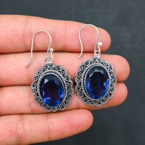 Boucles d'oreilles personnalisées en Tanzanite bleue créée en laboratoire, en argent sterling 925, 1,9 pouce, bijoux faits à la main, pierres précieuses, boucles d'oreilles fines antiques, cadeau - Product Image 2