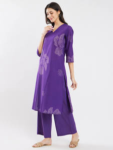 <b>Purple</b> Floral Embroidered V-Neck Kurta With Three Quarter Sleeves And Matching Palazzo Pants Casual Daily Wear Set Women - Product Image 3