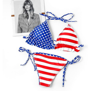 Conjunto de Bikini con Estampado de Bandera Americana para Mujer, Halter con Lazos Laterales, Traje de Baño de Dos Piezas, Rayas, Spandex, Poliéster, Ropa de Playa - Product Image 4