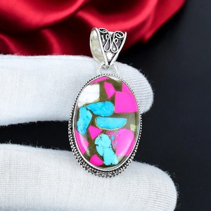 Pendentif mosaïque rose vif, bleu turquoise, argent sterling 925, fait main, ovale, bijoux bohèmes en pierres précieuses - Product Image 5