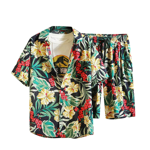 High Quality Plus Size Loose Summer Floral Breathable Casual Outdoor Play Cuban Collar Shirt Shorts Two-piece Set - Product Image 5