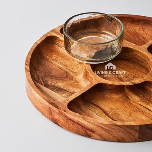 Handmade Mango Wood Sectional Serving Platter with 5 Compartments | Round Wooden <b>Snack</b> and Dry Fruit <b>Tray</b> - Product Image 2