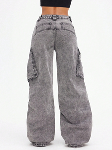 Jean cargo ample en denim délavé foncé pour femme, style vintage déchiré, jambe large, coupe baggy, taille avec logo, tissage tricoté, décontracté, en coton - Product Image 3