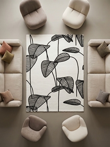 Alfombra de Lana/Algodón con Mechones en Color Blanco y Negro |   Alfombra Moderna con Diseño de Hojas Botánicas |   Alfombra Suave Antibacteriana para Sala de Estar - Product Image 3