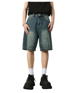 Nouveaux shorts en jean vintage respirants pour hommes, coupe droite, taille mi-haute, tricotés, décontractés et amples pour l'été - Product Image 1