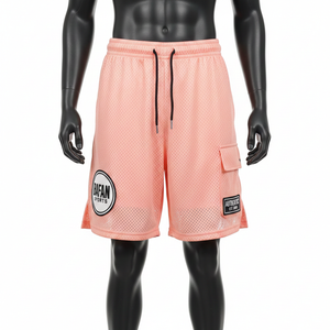 Shorts de sport pour homme en mesh de haute qualité, légers, en polyester, couleur pêche, avec poche latérale et logo thermocollé. - Product Image 1