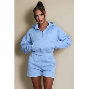 Conjunto de Sudadera con Capucha y Pantalones Cortos de Forro Polar Azul Claro para Mujer, Estilo Casual Holgado de Dos Piezas, Color Sólido, Ropa de Otoño - Product Image 6