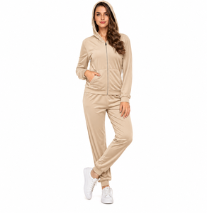 Women <b>Velour</b> <b>Tracksuit</b> 2 Piece Hooded Jogger Set Full Sleeve Solid Color Zipper Closure Casual Sportswear - Product Image 3