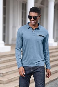 Camisas Polo de Moda para Hombre, Camisa Clásica de Algodón de Manga Larga con Botones y Bolsillo - Product Image 3