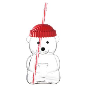 Bicchiere in Vetro Borosilicato Resistente al Calore con Cannuccia, 20 OZ, Design Orsetto Rosso, per Succhi, Latte e Bevande Fredde - Product Image 1